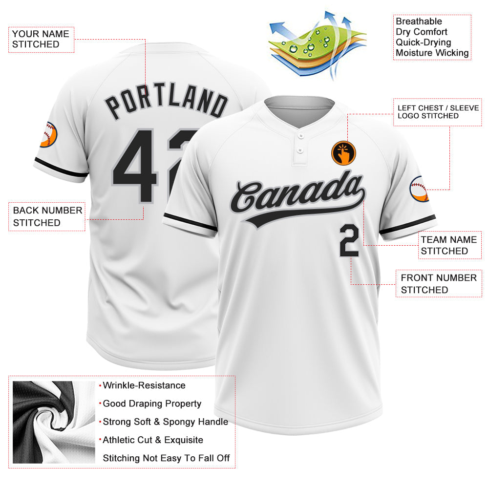 Custom White Black-Gray Two-Button Unisex Softball Jersey view 3