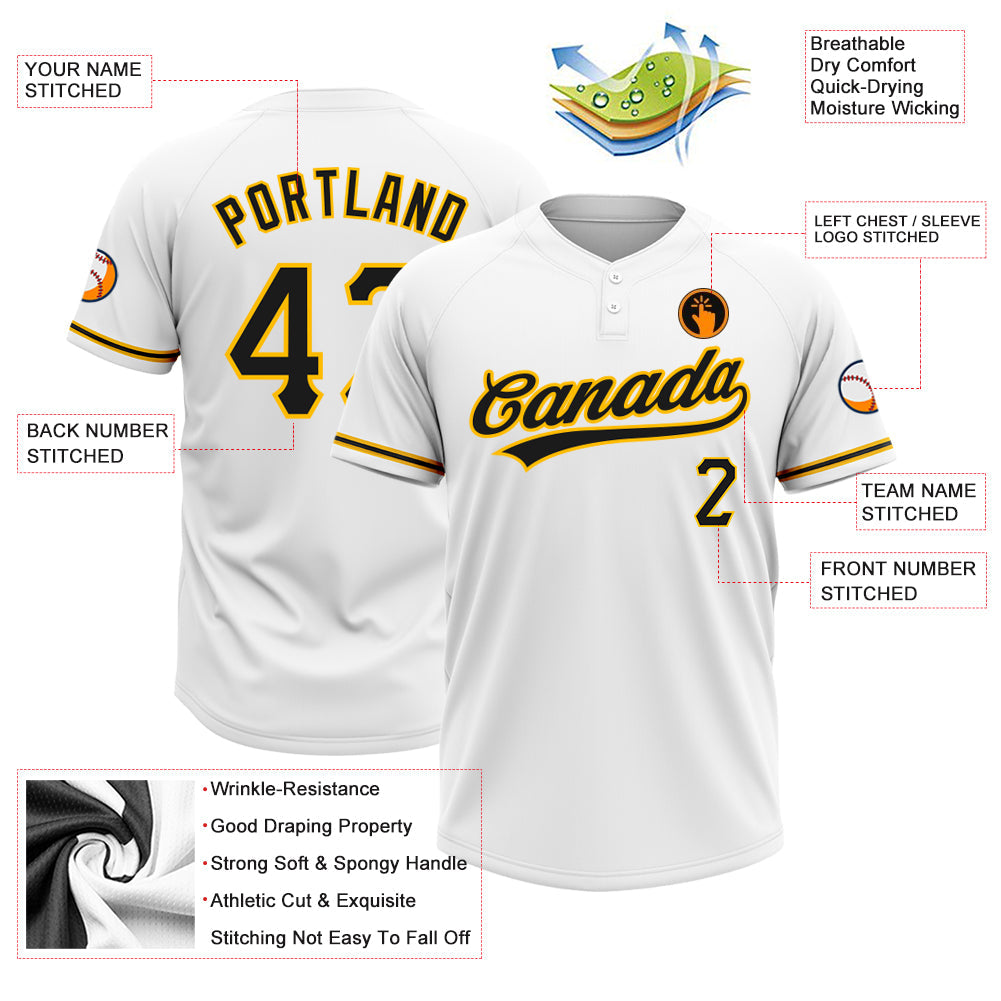 Custom White Black-Gold Two-Button Unisex Softball Jersey view 3