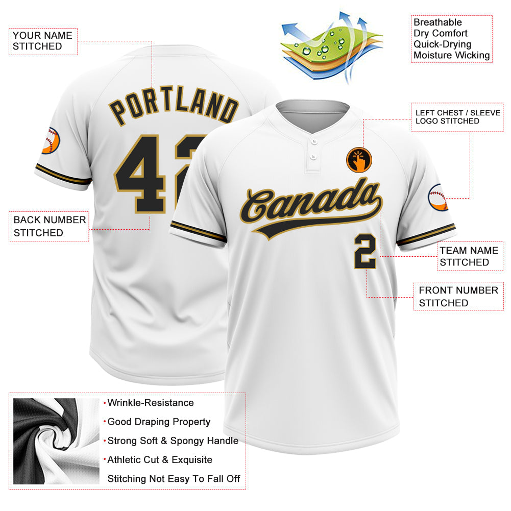 Custom White Black-Old Gold Two-Button Unisex Softball Jersey view 3
