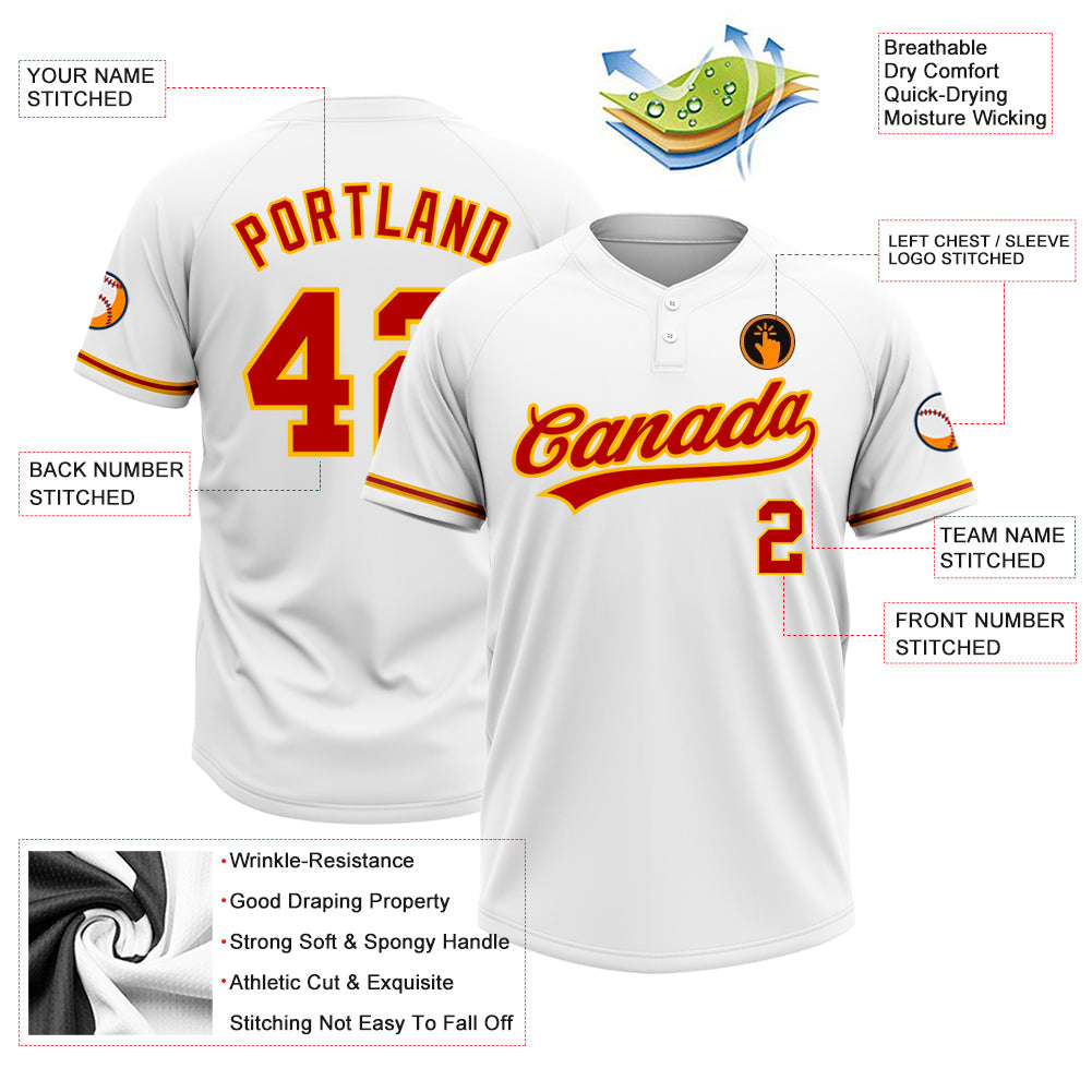 Custom White Red-Gold Two-Button Unisex Softball Jersey view 3