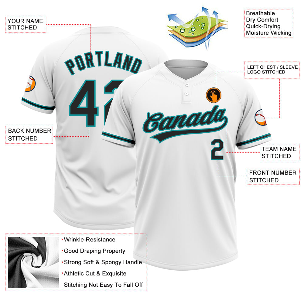 Custom White Black-Teal Two-Button Unisex Softball Jersey view 4