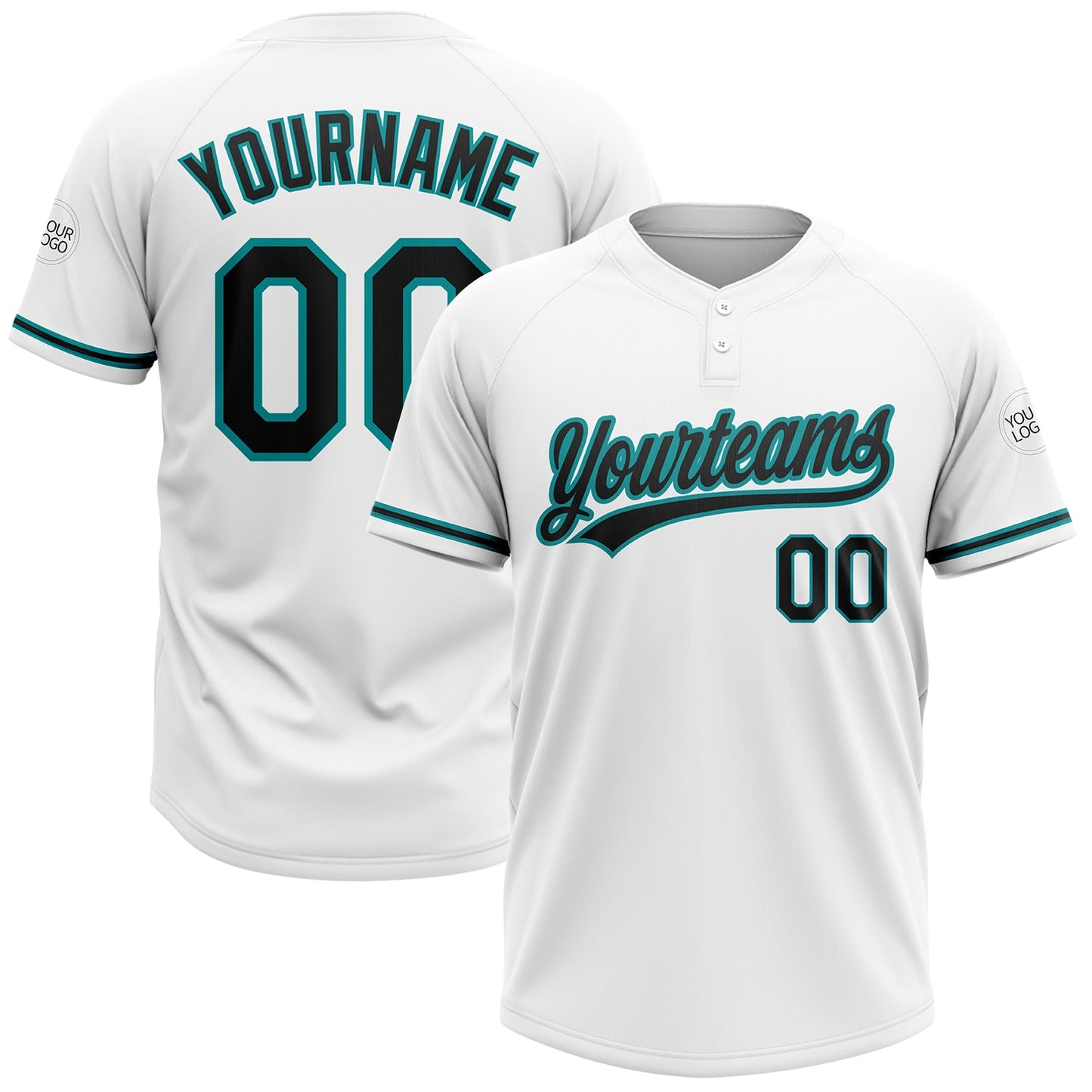 Custom White Black-Teal Two-Button Unisex Softball Jersey - Main View