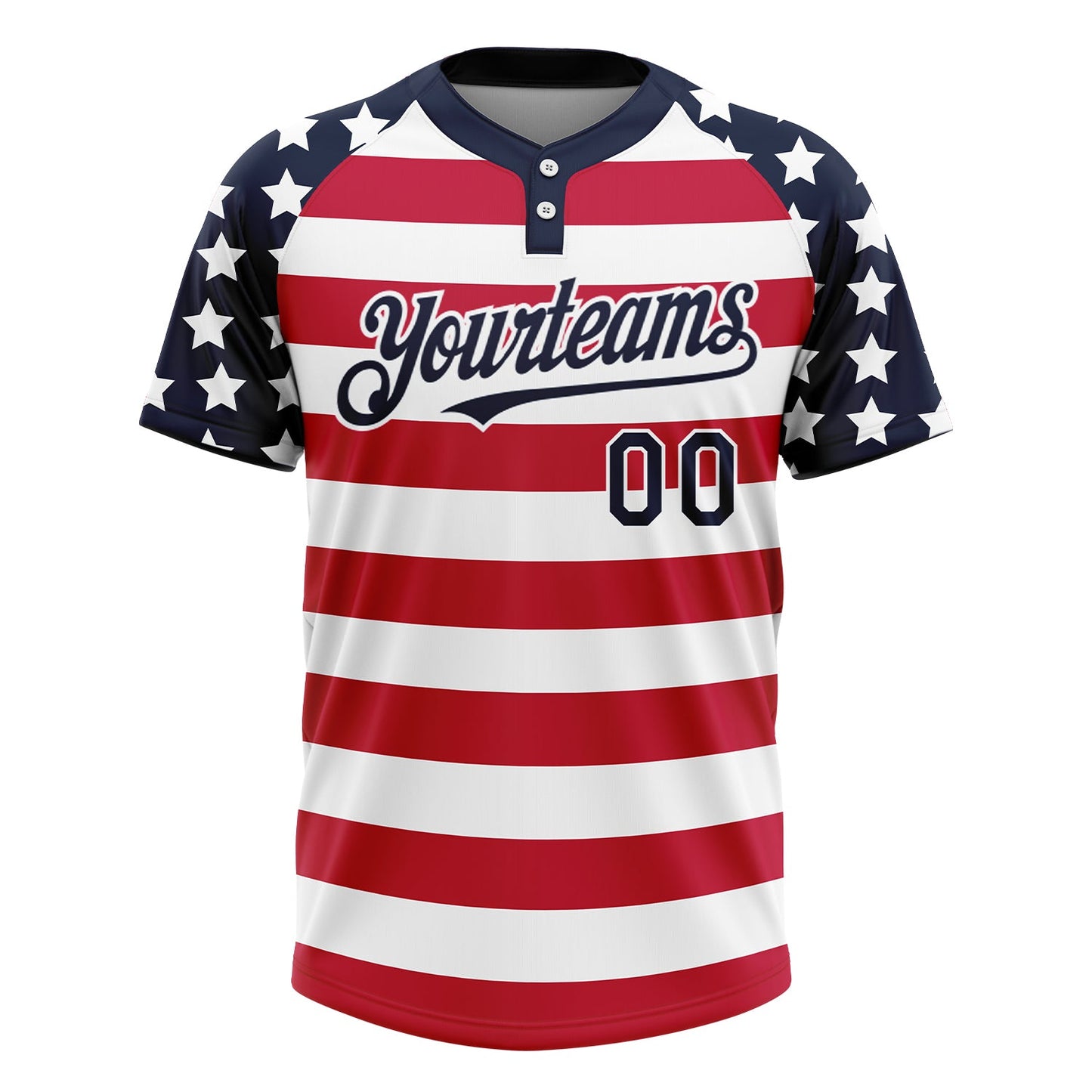 Custom White Navy-Red 3D American Flag Fashion Two-Button Unisex Softball Jersey view 2