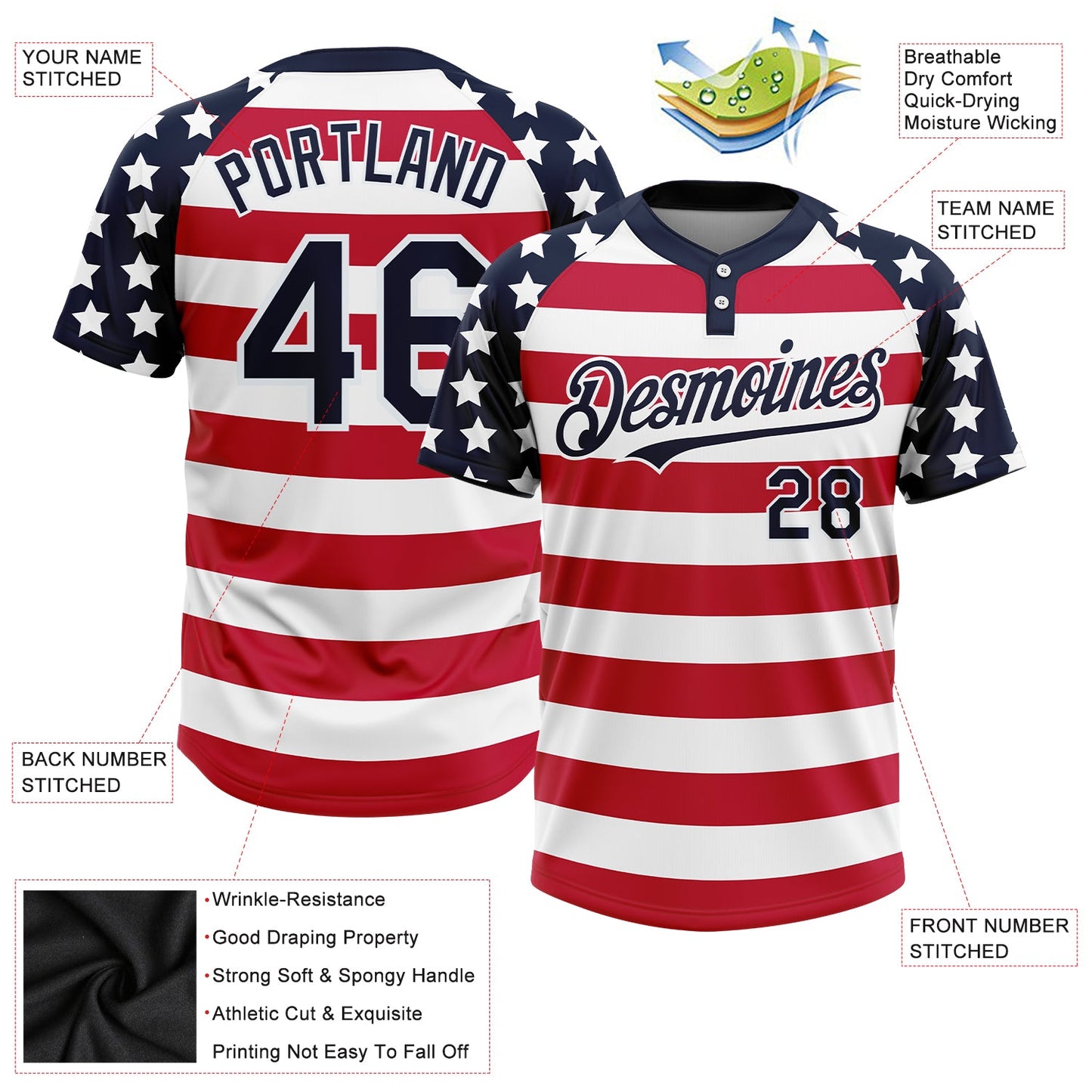 Custom White Navy-Red 3D American Flag Fashion Two-Button Unisex Softball Jersey view 3