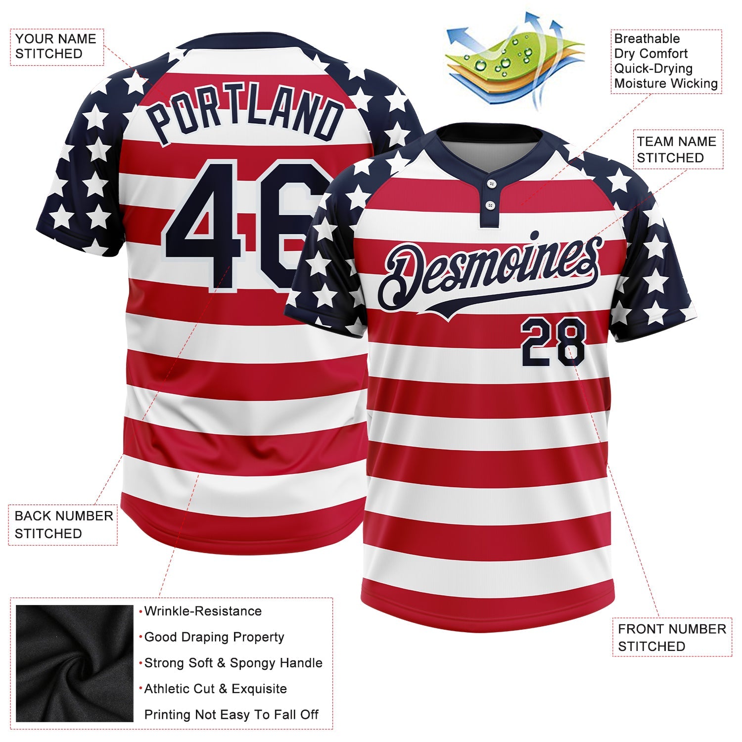 Custom White Navy-Red 3D American Flag Fashion Two-Button Unisex Softball Jersey view 3