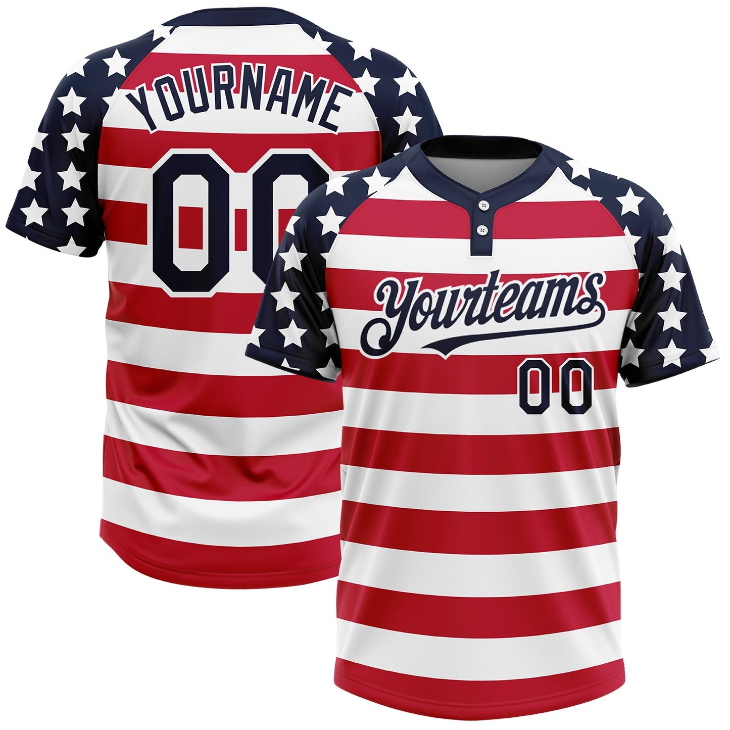 Custom White Navy-Red 3D American Flag Fashion Two-Button Unisex Softball Jersey - Main View