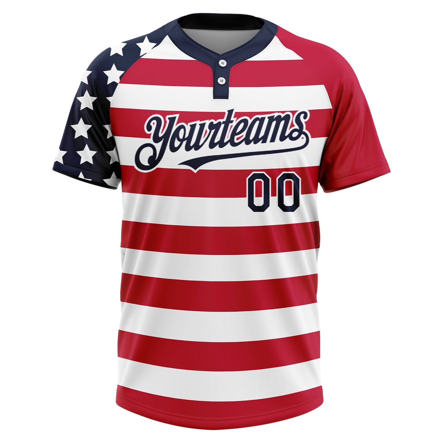 Custom White Navy-Red 3D American Flag Fashion Two-Button Unisex Softball Jersey view 2