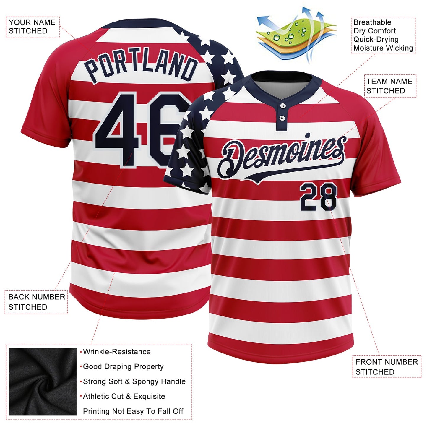 Custom White Navy-Red 3D American Flag Fashion Two-Button Unisex Softball Jersey view 3