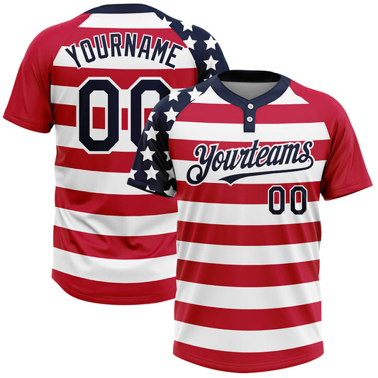 Custom White Navy-Red 3D American Flag Fashion Two-Button Unisex Softball Jersey - Main View