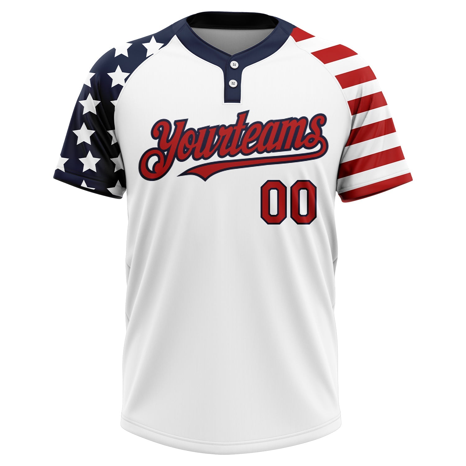 Custom White Red-Navy 3D American Flag Fashion Two-Button Unisex Softball Jersey view 2