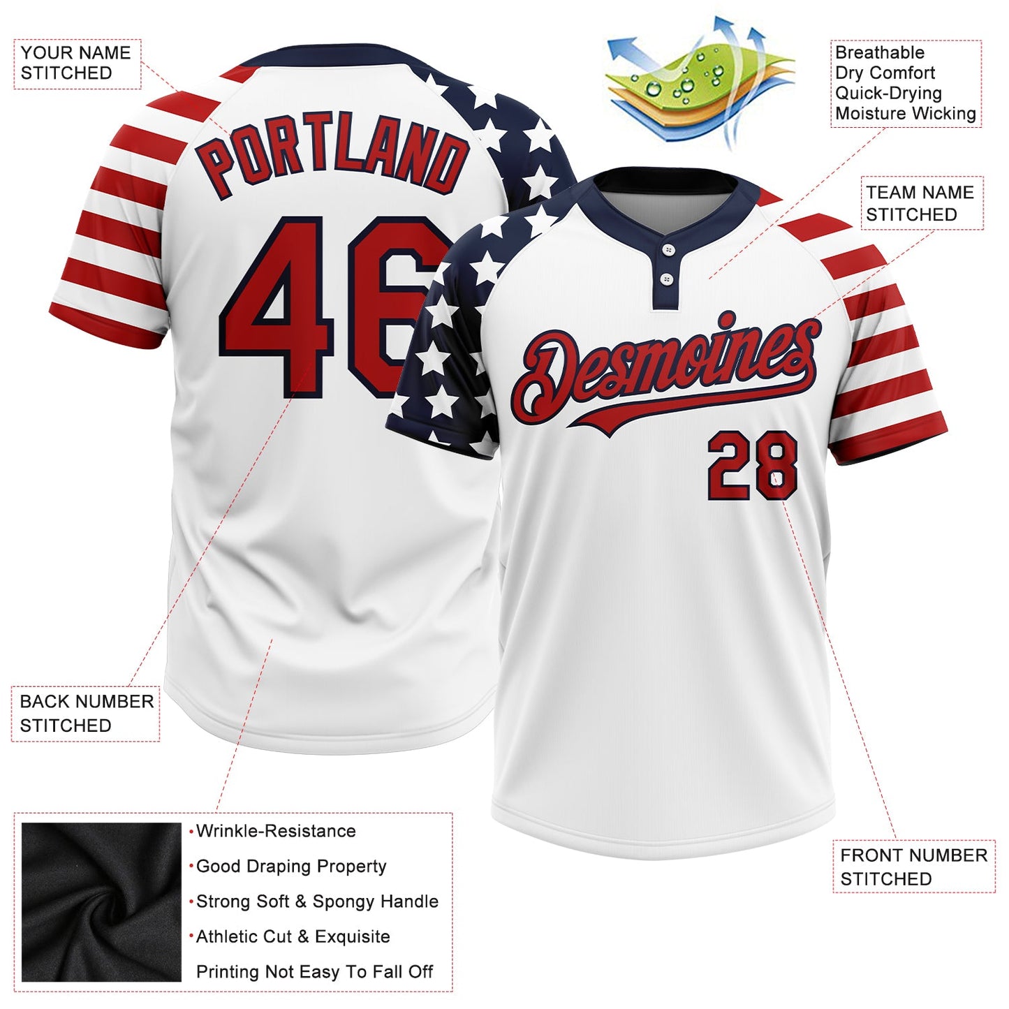 Custom White Red-Navy 3D American Flag Fashion Two-Button Unisex Softball Jersey view 3