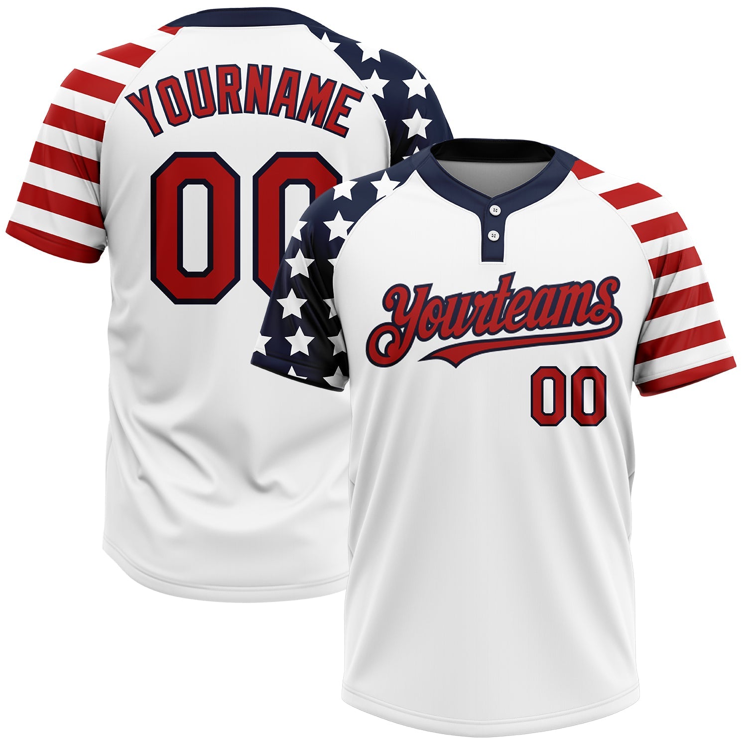 Custom White Red-Navy 3D American Flag Fashion Two-Button Unisex Softball Jersey - Main View