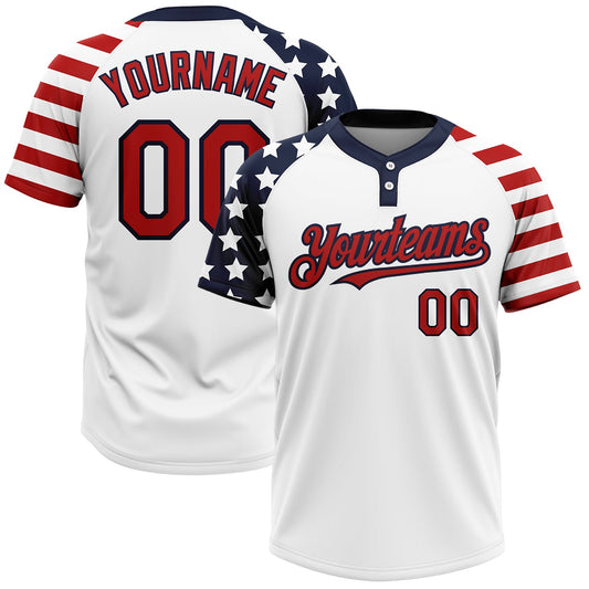 Custom White Red-Navy 3D American Flag Fashion Two-Button Unisex Softball Jersey - Main View