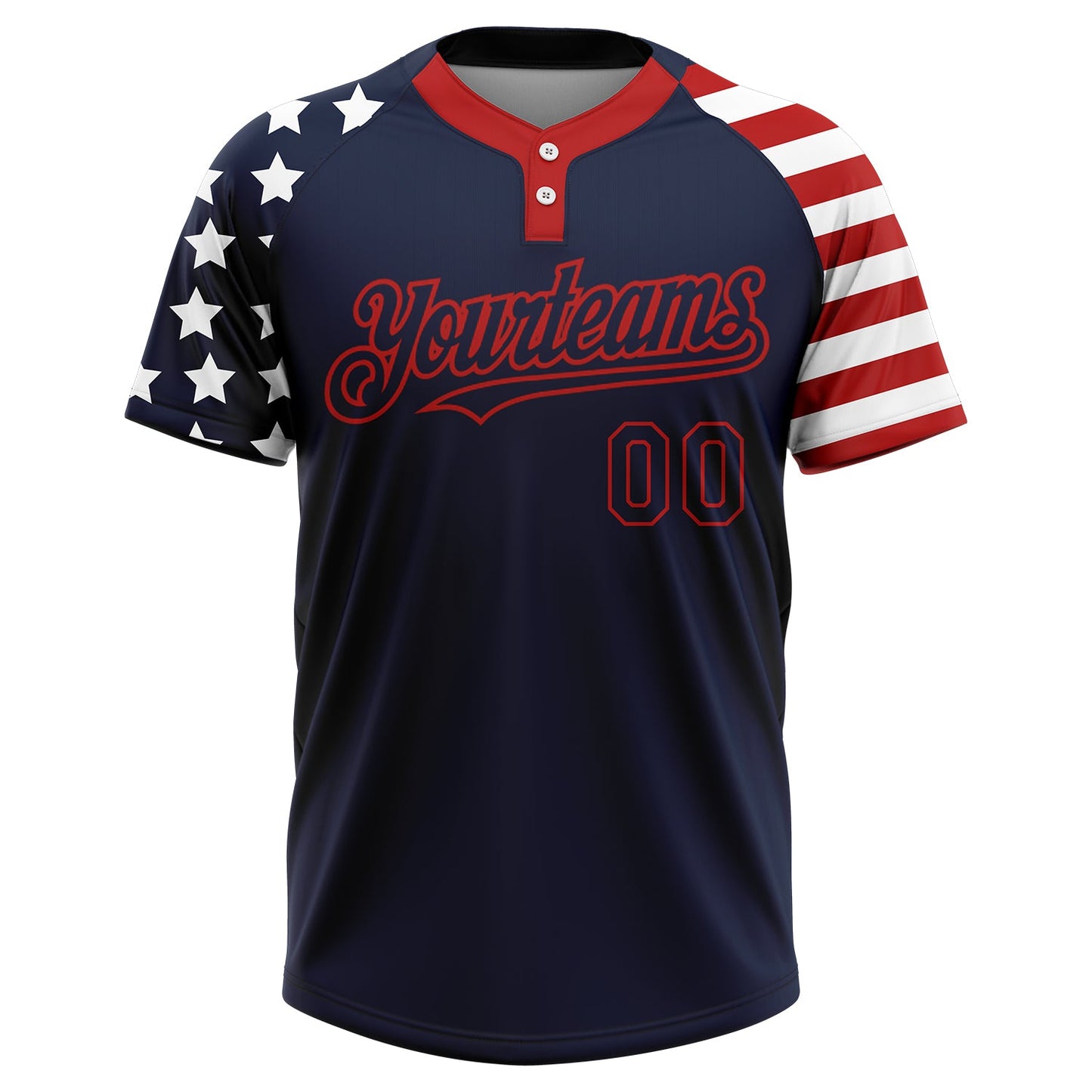 Custom Navy Red-White 3D American Flag Fashion Two-Button Unisex Softball Jersey view 2