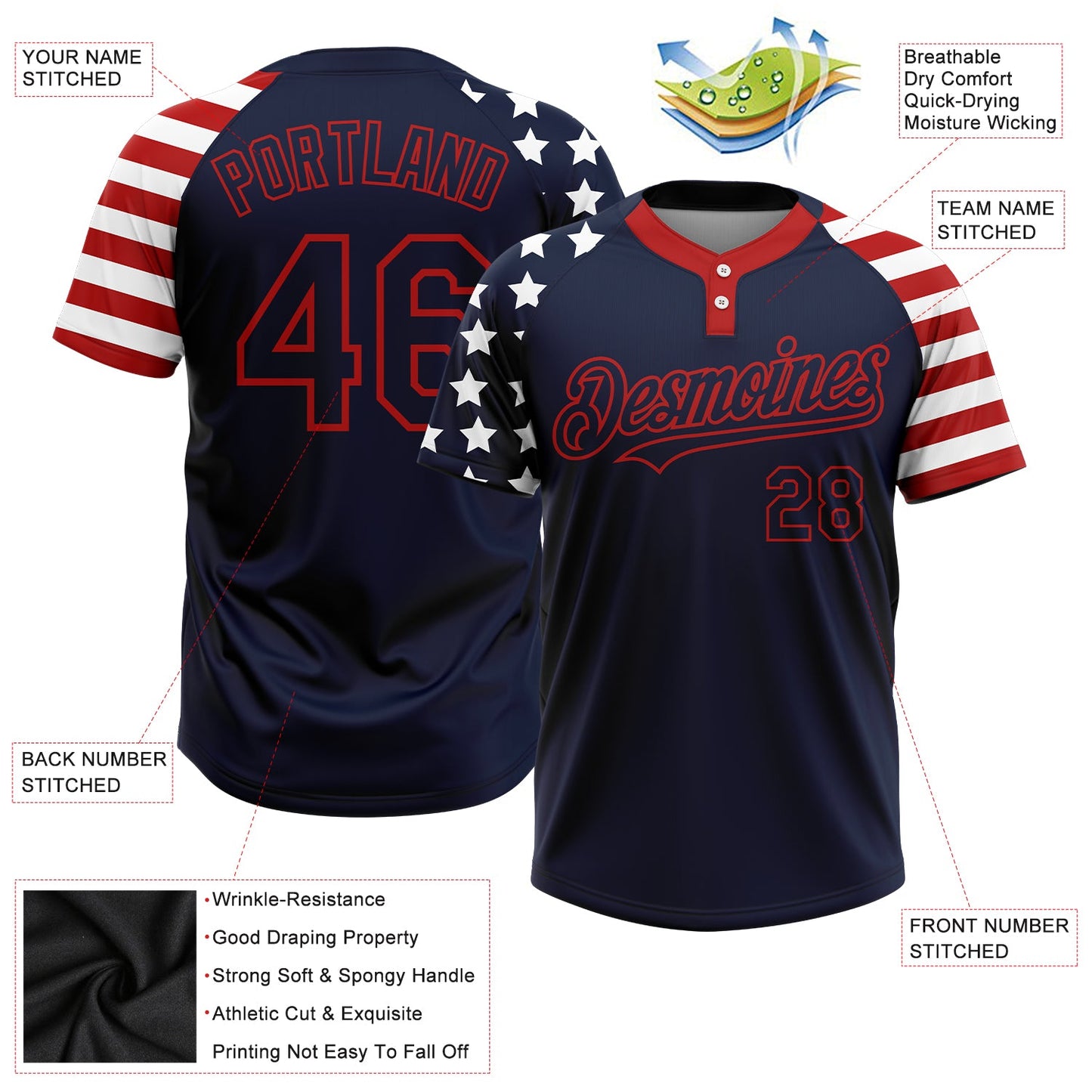 Custom Navy Red-White 3D American Flag Fashion Two-Button Unisex Softball Jersey view 3