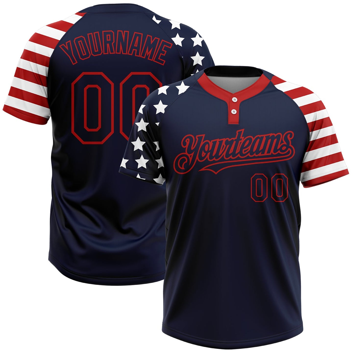 Custom Navy Red-White 3D American Flag Fashion Two-Button Unisex Softball Jersey - Main View