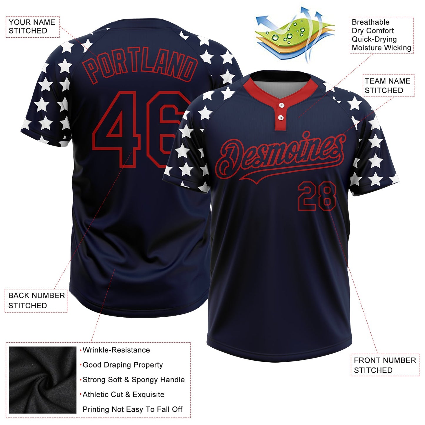 Custom Navy Red-White 3D American Flag Fashion Two-Button Unisex Softball Jersey view 3