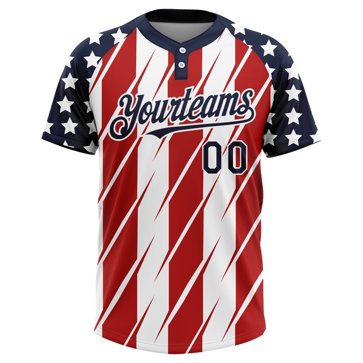 Custom Red Navy-White 3D American Flag Fashion Two-Button Unisex Softball Jersey view 2