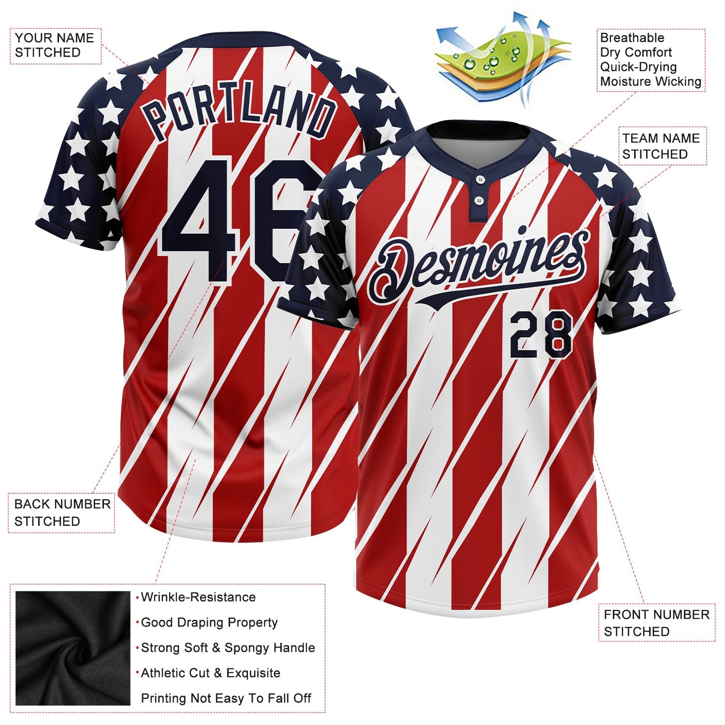Custom Red Navy-White 3D American Flag Fashion Two-Button Unisex Softball Jersey view 3