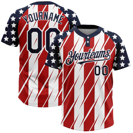 Custom Red Navy-White 3D American Flag Fashion Two-Button Unisex Softball Jersey - Main View