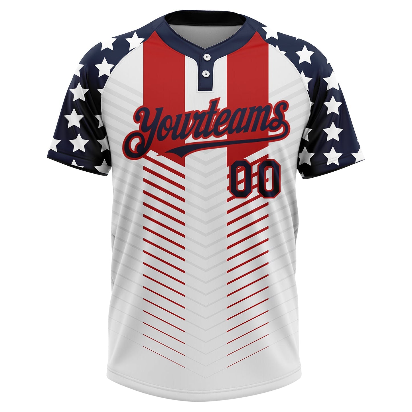 Custom White Navy-Red 3D American Flag Fashion Two-Button Unisex Softball Jersey view 2