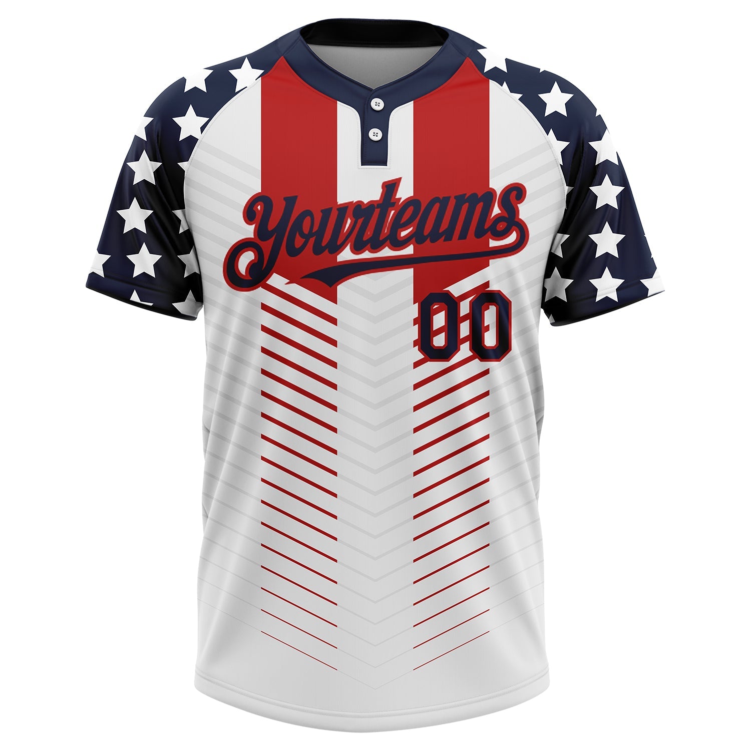 Custom White Navy-Red 3D American Flag Fashion Two-Button Unisex Softball Jersey view 2