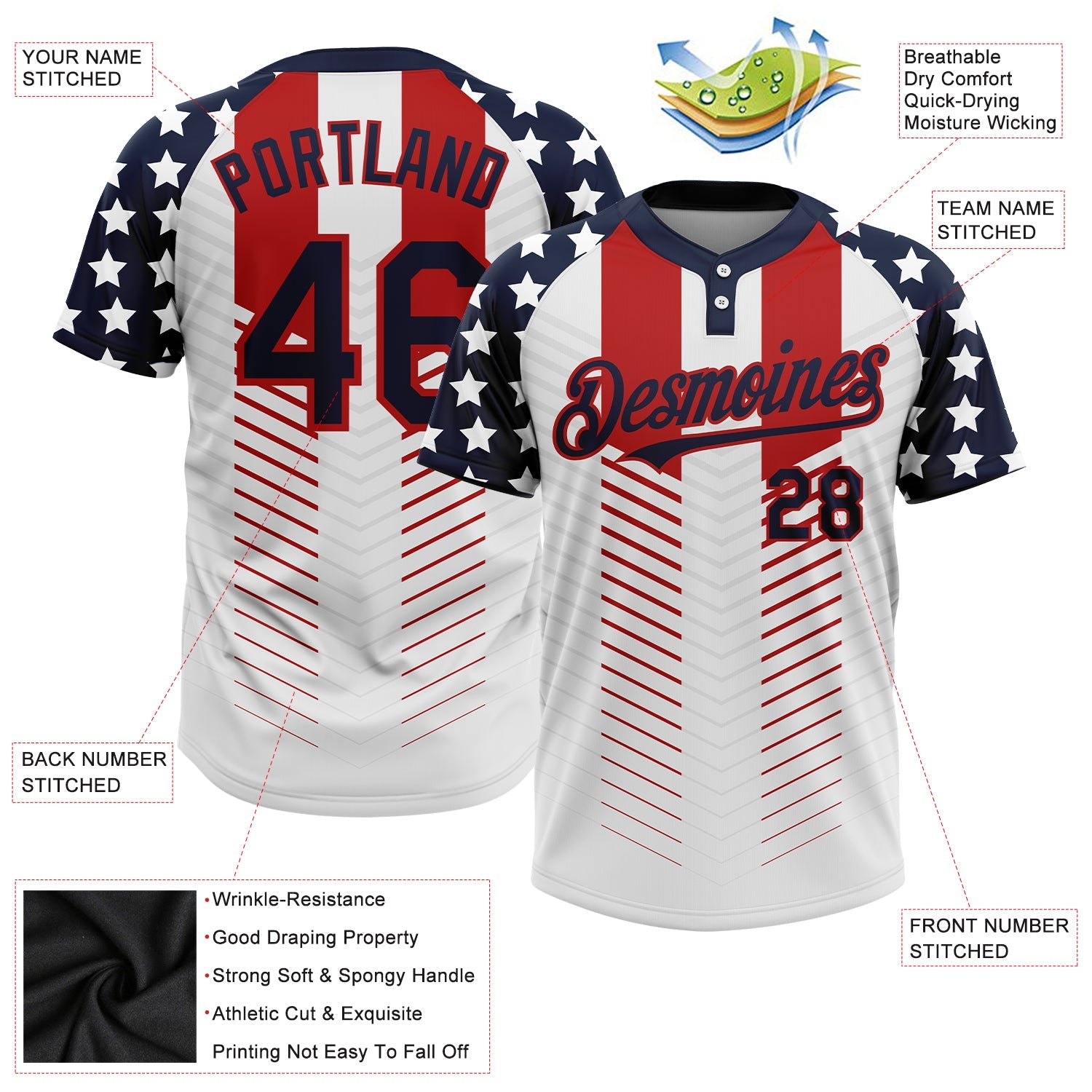 Custom White Navy-Red 3D American Flag Fashion Two-Button Unisex Softball Jersey view 3