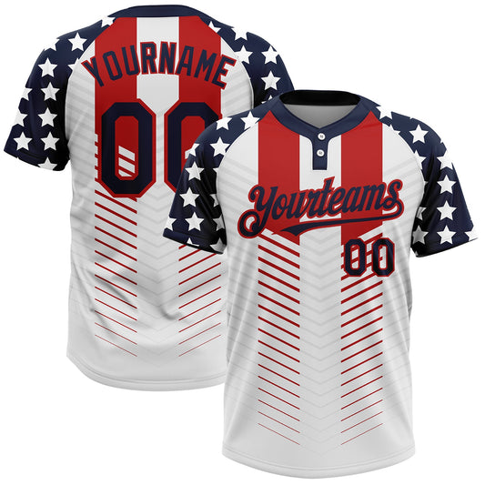 Custom White Navy-Red 3D American Flag Fashion Two-Button Unisex Softball Jersey - Main View