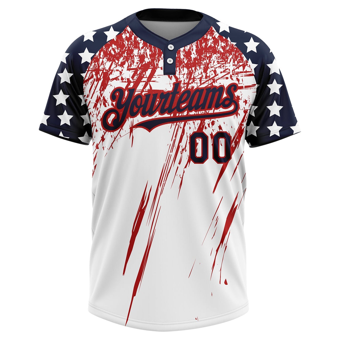 Custom White Navy-Red 3D American Flag Scratch Brush Stroke Star Raglan Sleeves Two-Button Unisex Softball Jersey view 2