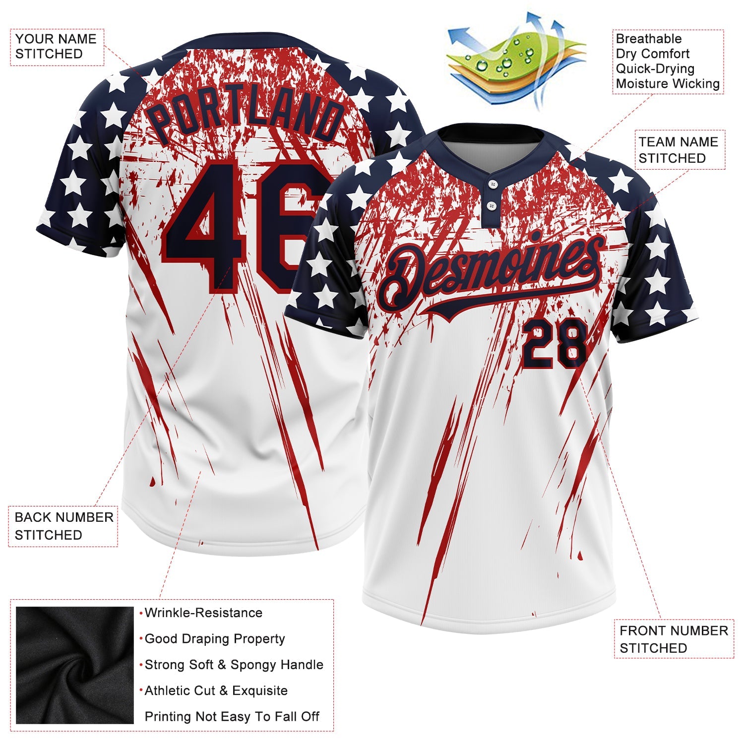 Custom White Navy-Red 3D American Flag Scratch Brush Stroke Star Raglan Sleeves Two-Button Unisex Softball Jersey view 3