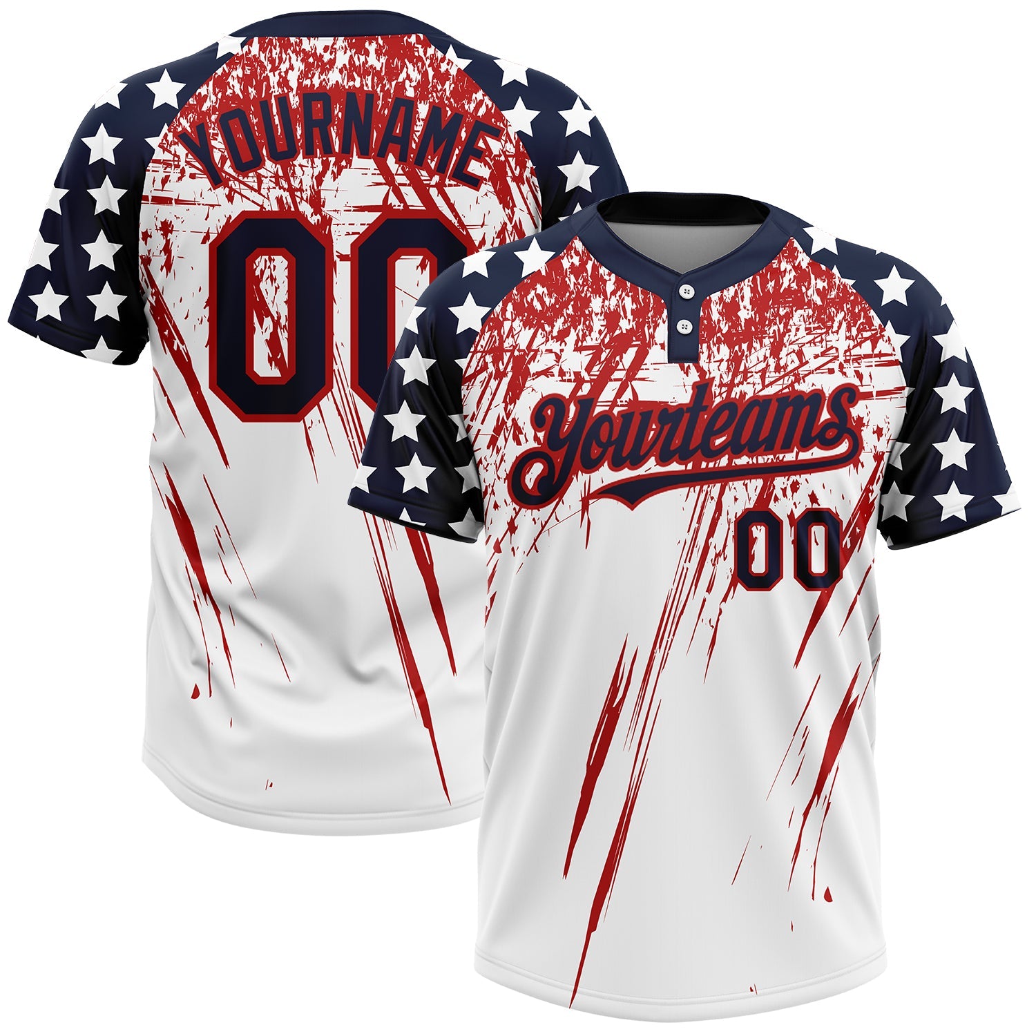 Custom White Navy-Red 3D American Flag Scratch Brush Stroke Star Raglan Sleeves Two-Button Unisex Softball Jersey - Main View