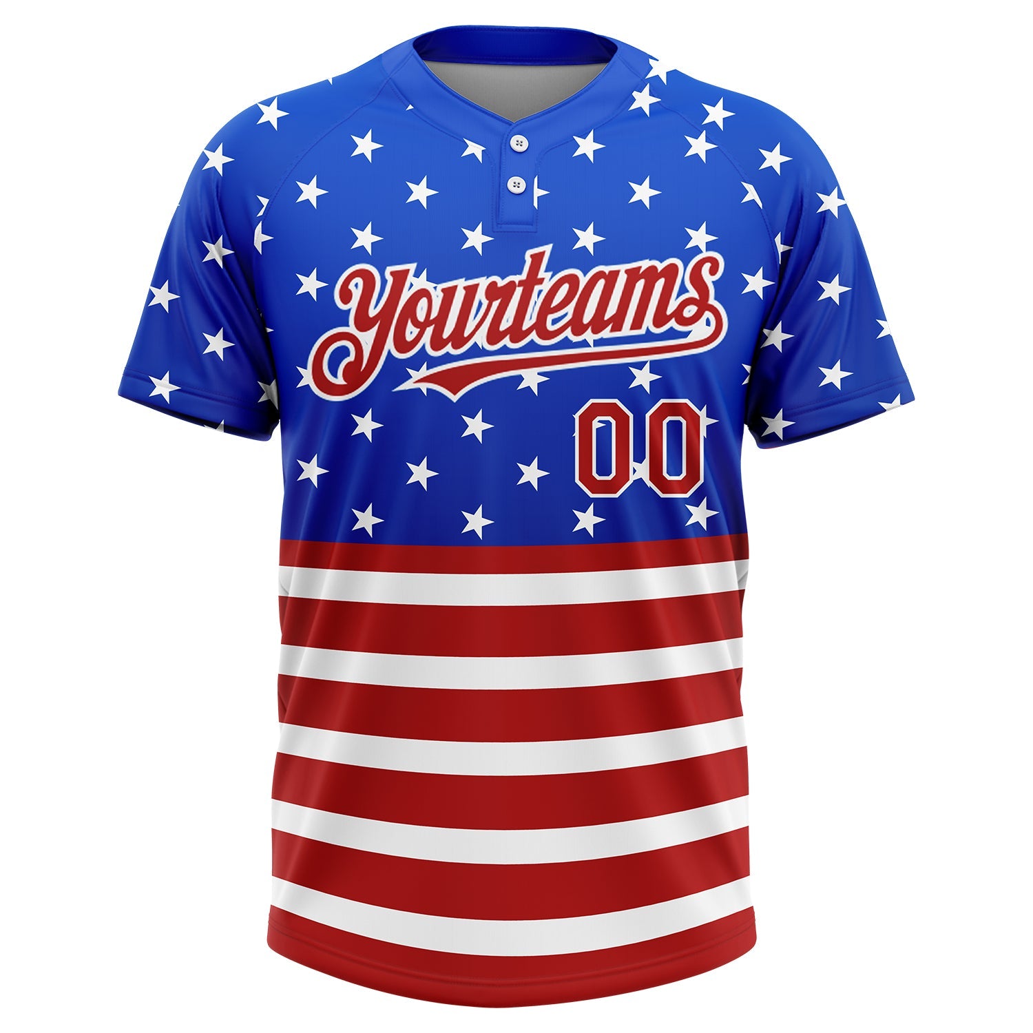Custom Royal Red-White 3D American Flag Fashion Two-Button Unisex Softball Jersey view 2