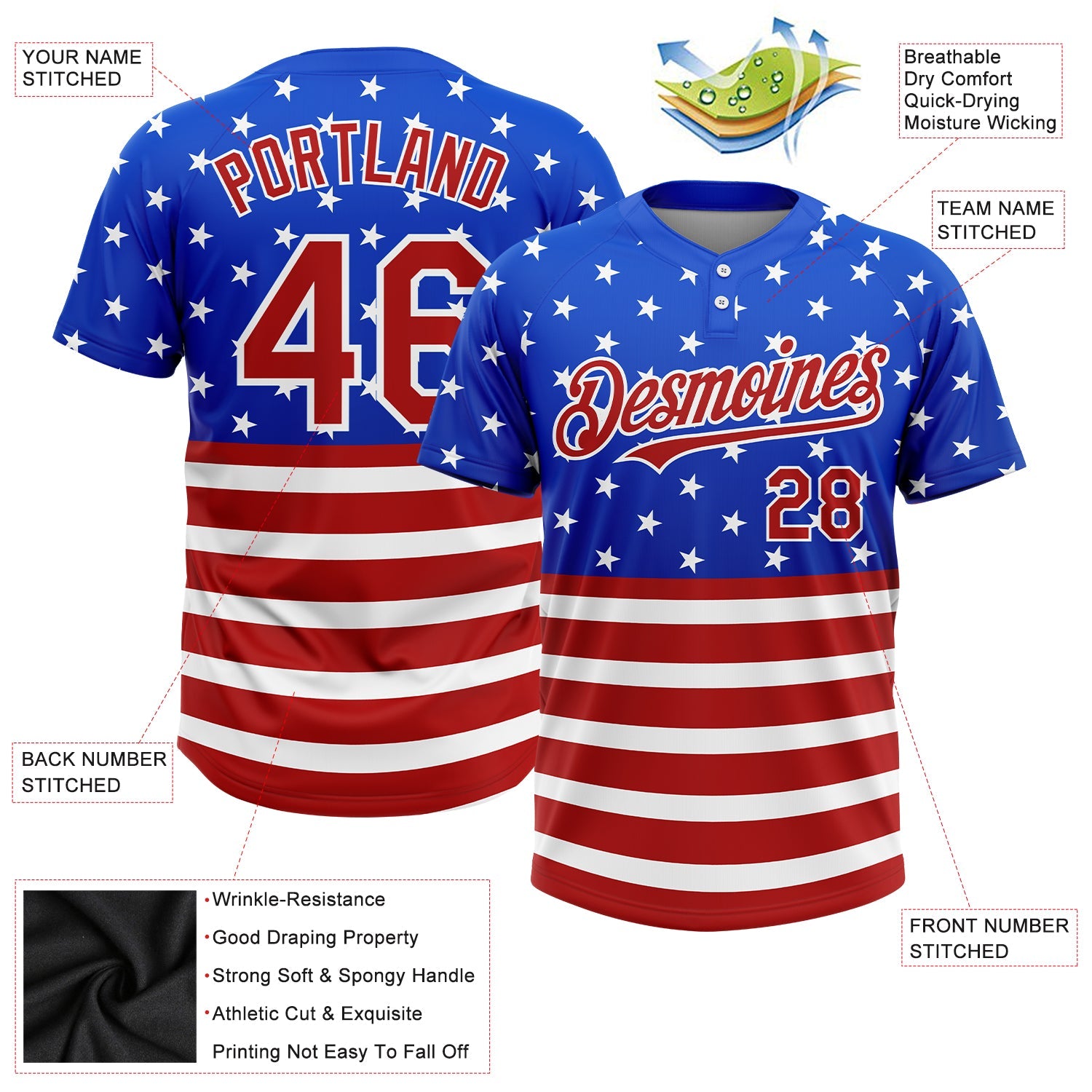 Custom Royal Red-White 3D American Flag Fashion Two-Button Unisex Softball Jersey view 3