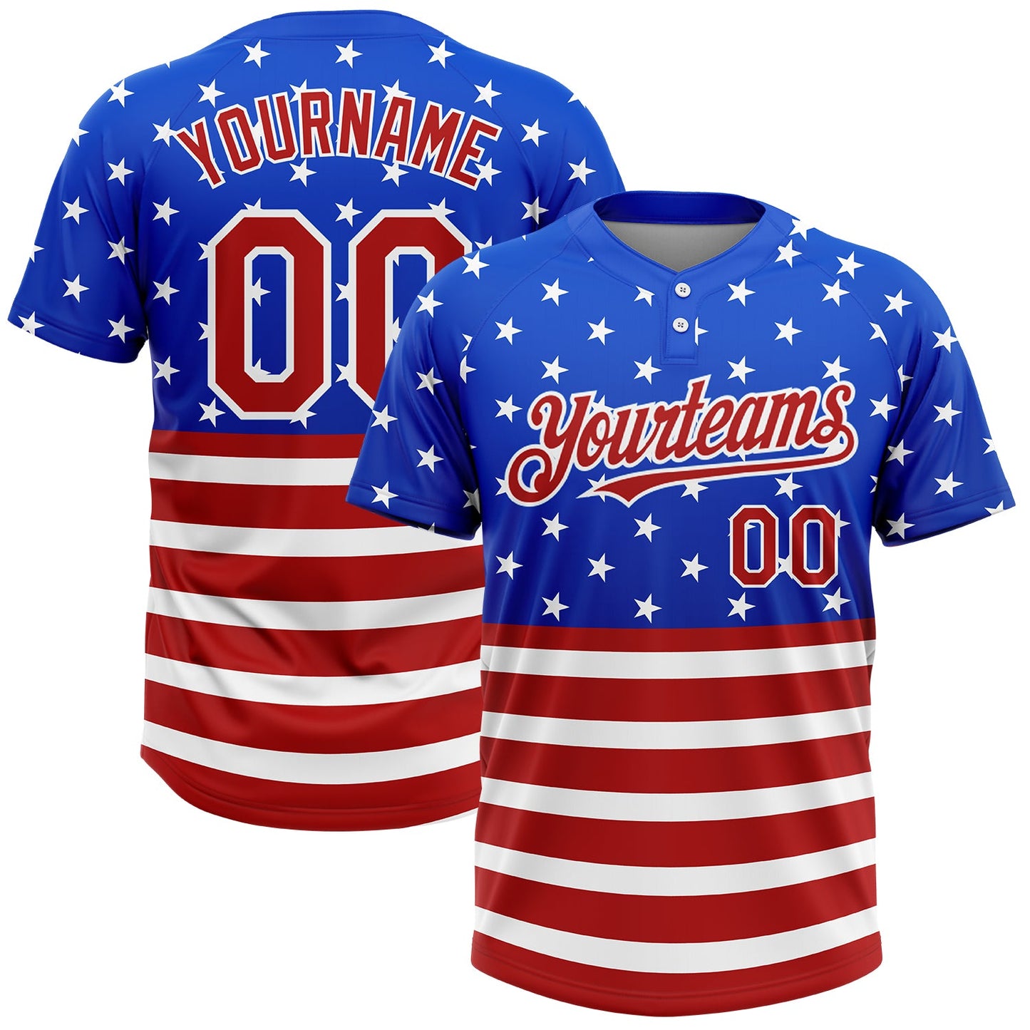 Custom Royal Red-White 3D American Flag Fashion Two-Button Unisex Softball Jersey - Main View