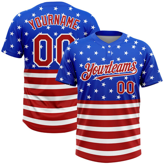 Custom Royal Red-White 3D American Flag Fashion Two-Button Unisex Softball Jersey - Main View