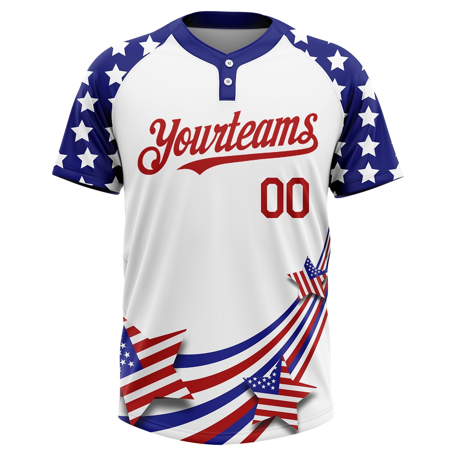 Custom White Red-Navy 3D American Flag Fashion Two-Button Unisex Softball Jersey view 2