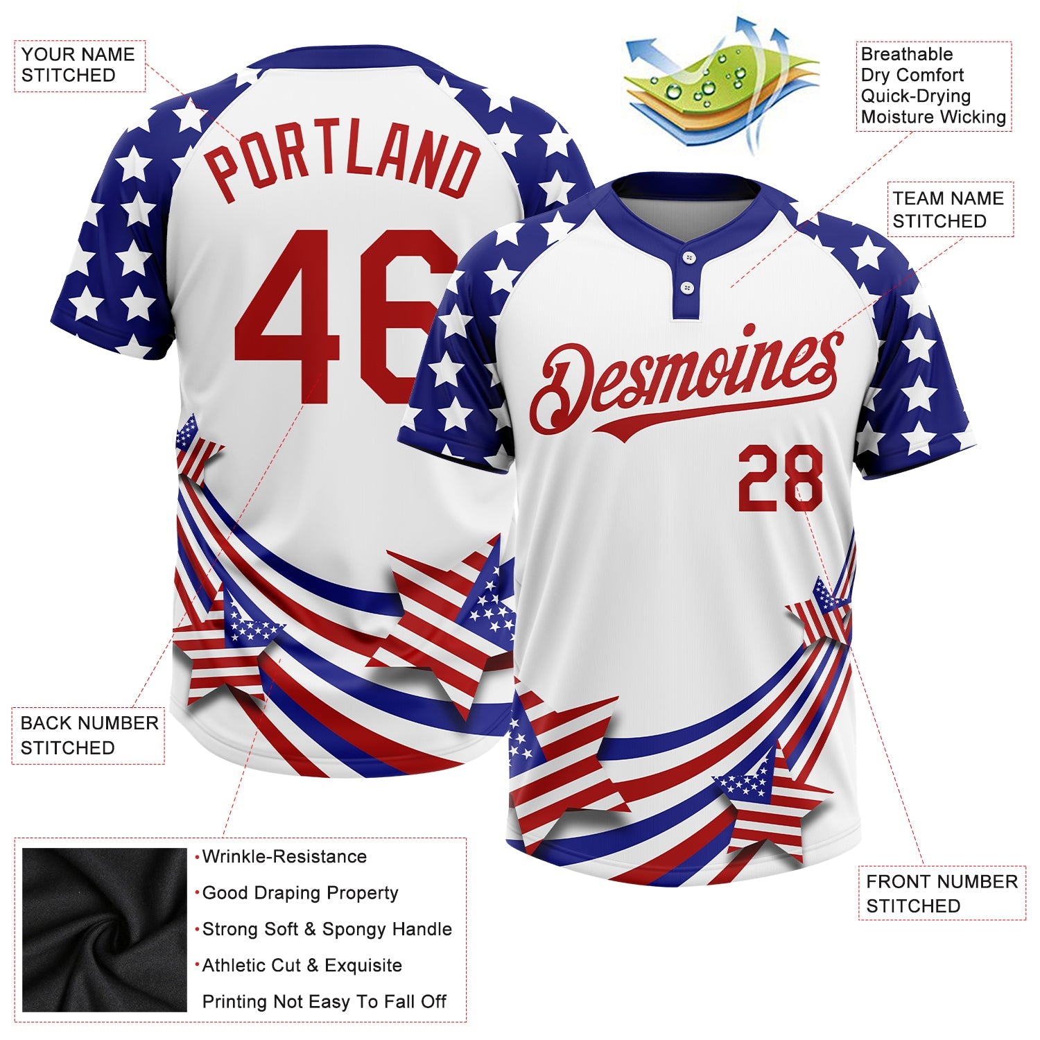 Custom White Red-Navy 3D American Flag Fashion Two-Button Unisex Softball Jersey view 3