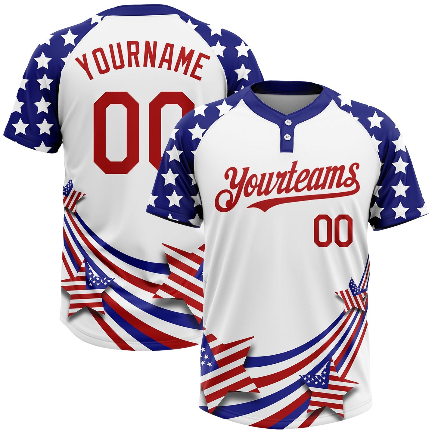 Custom White Red-Navy 3D American Flag Fashion Two-Button Unisex Softball Jersey - Main View