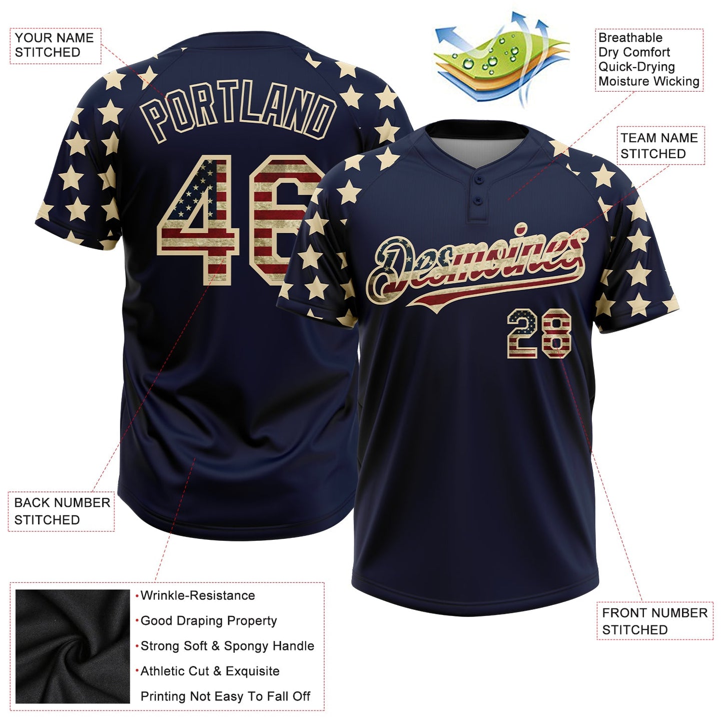 Custom Navy Vintage USA Flag-Cream 3D American Flag Fashion Two-Button Unisex Softball Jersey view 4