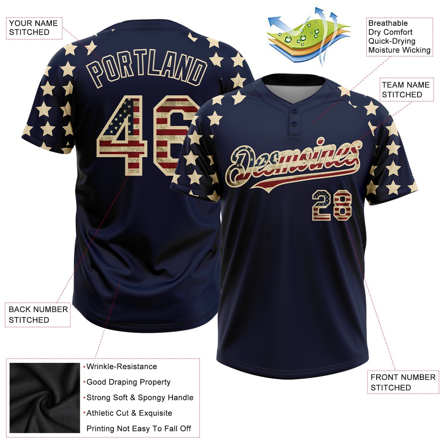 Custom Navy Vintage USA Flag-Cream 3D American Flag Fashion Two-Button Unisex Softball Jersey view 4