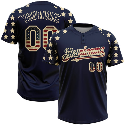 Custom Navy Vintage USA Flag-Cream 3D American Flag Fashion Two-Button Unisex Softball Jersey - Main View