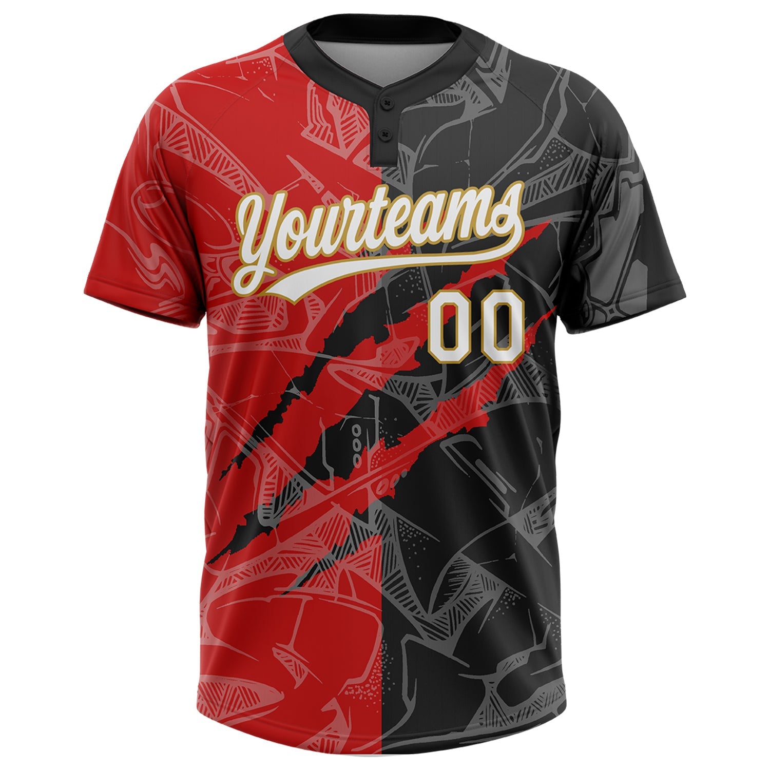 Custom Graffiti Pattern Black Red-Old Gold 3D Two-Button Unisex Softball Jersey view 2
