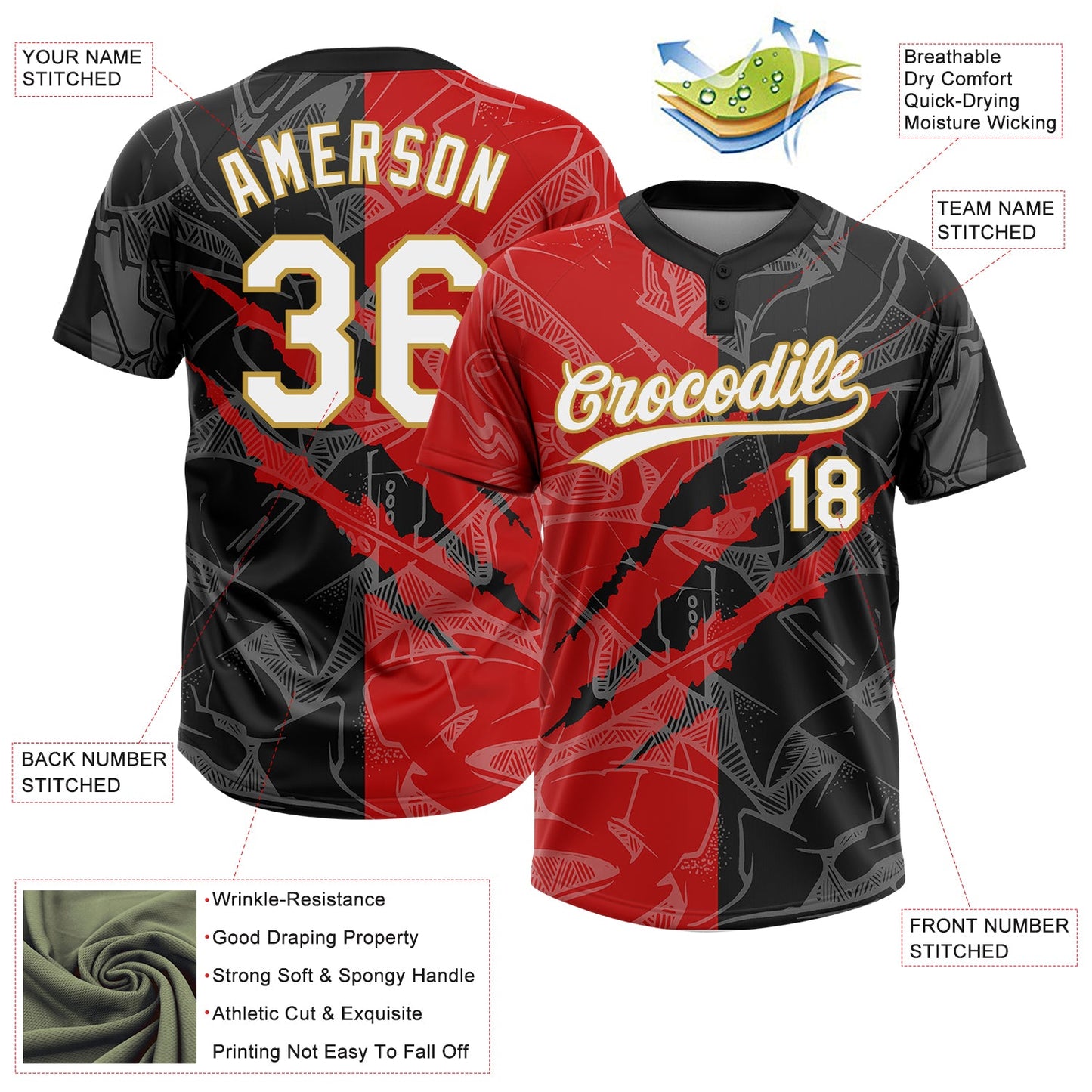 Custom Graffiti Pattern Black Red-Old Gold 3D Two-Button Unisex Softball Jersey view 3