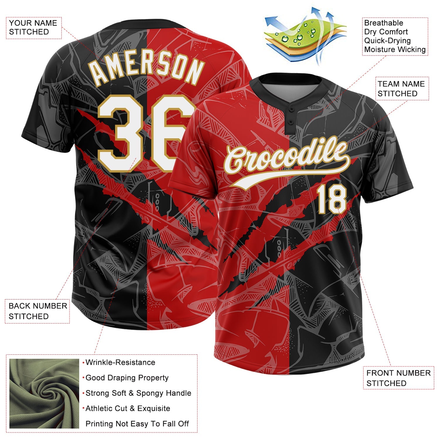 Custom Graffiti Pattern Black Red-Old Gold 3D Two-Button Unisex Softball Jersey view 3