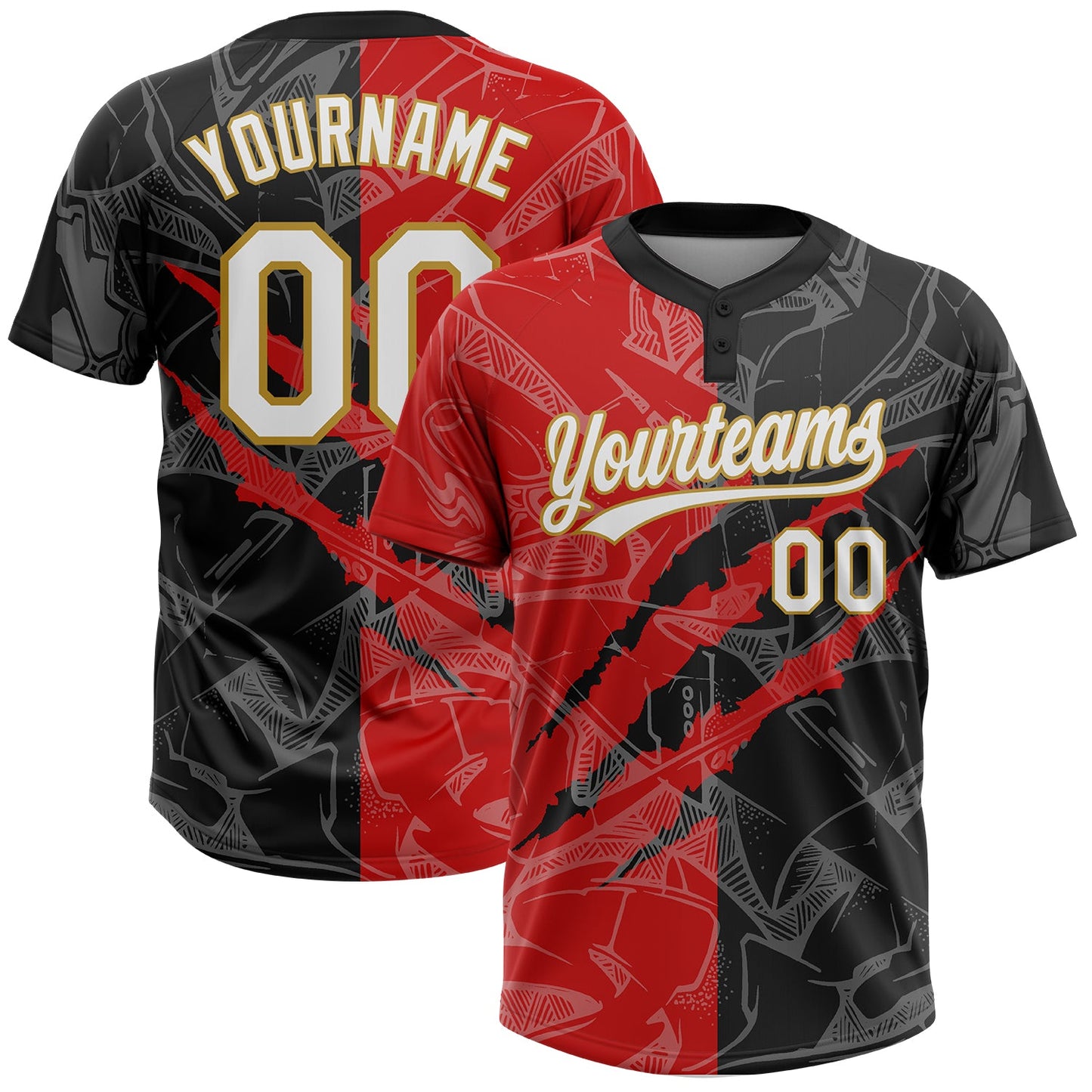 Custom Graffiti Pattern Black Red-Old Gold 3D Two-Button Unisex Softball Jersey - Main View