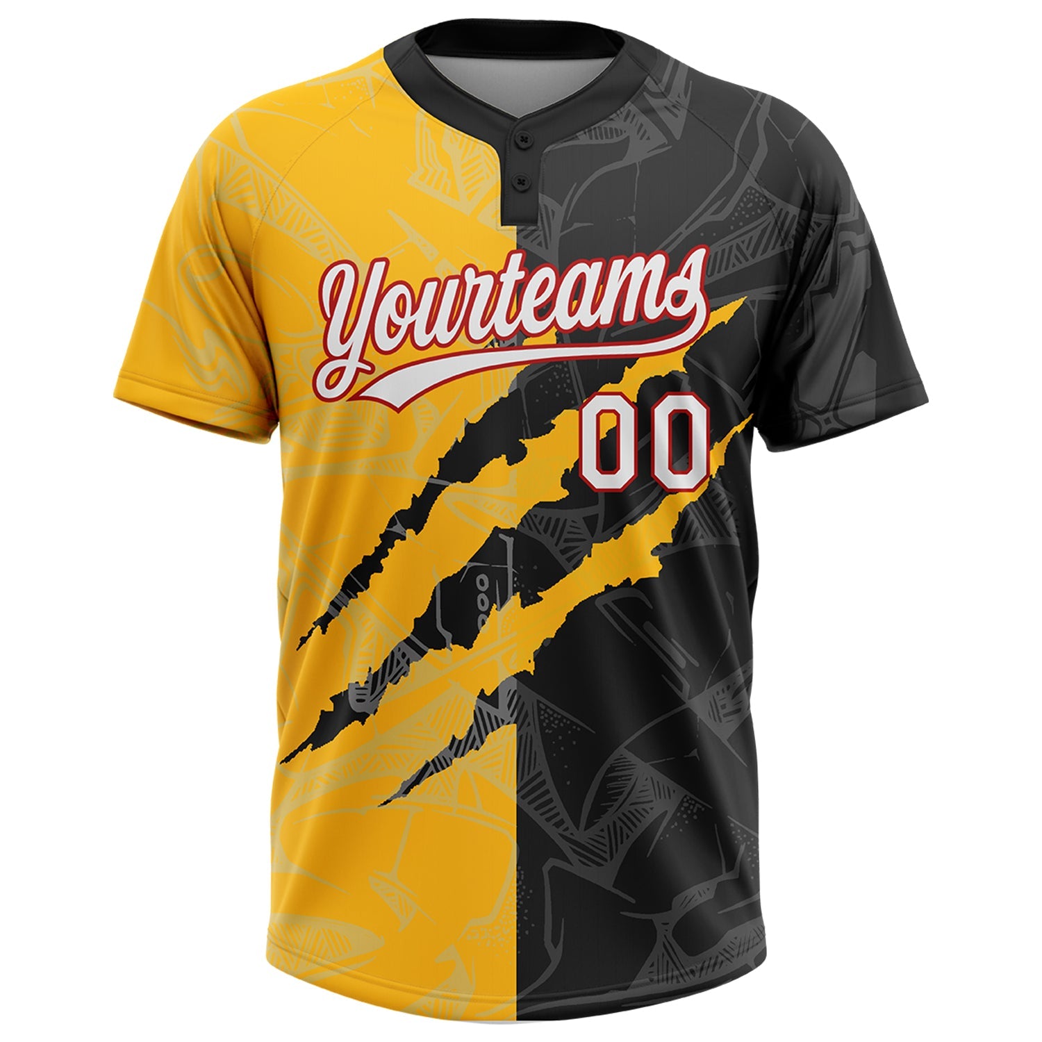 Custom Graffiti Pattern Black Gold-Red 3D Two-Button Unisex Softball Jersey view 2