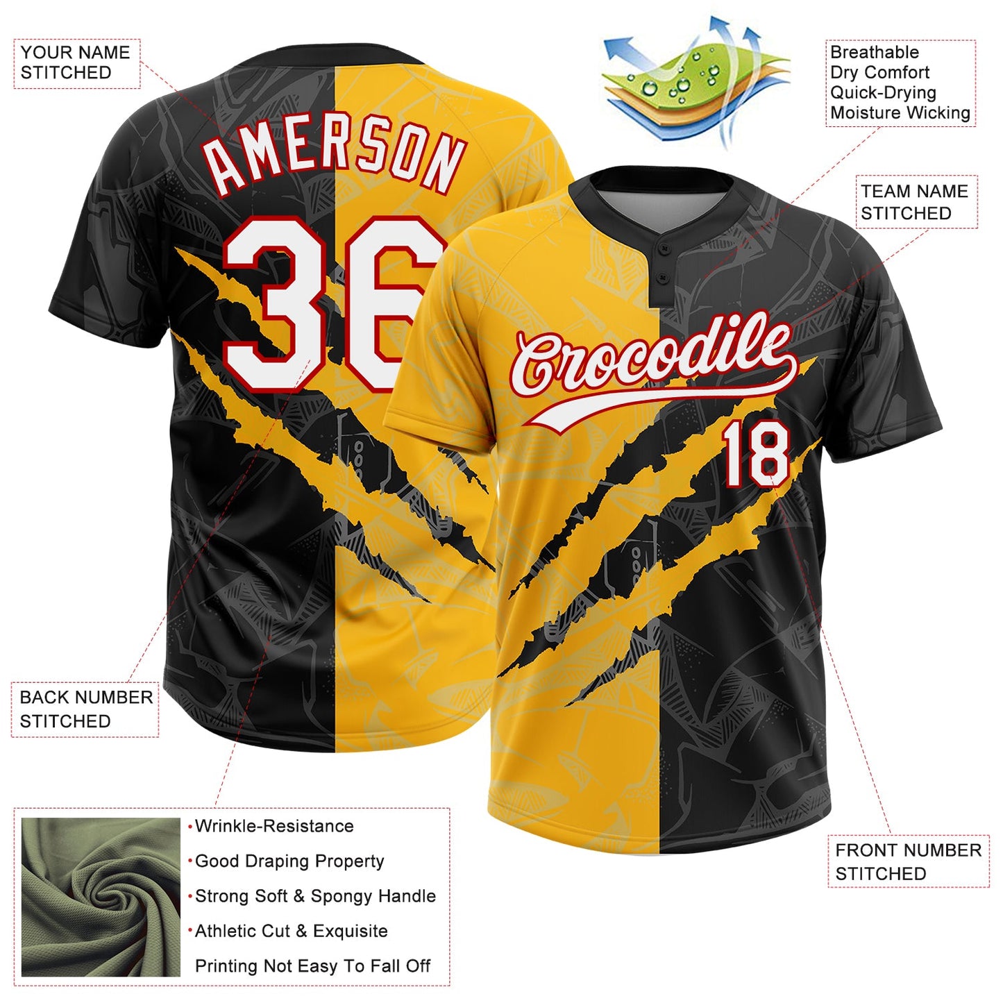 Custom Graffiti Pattern Black Gold-Red 3D Two-Button Unisex Softball Jersey view 3