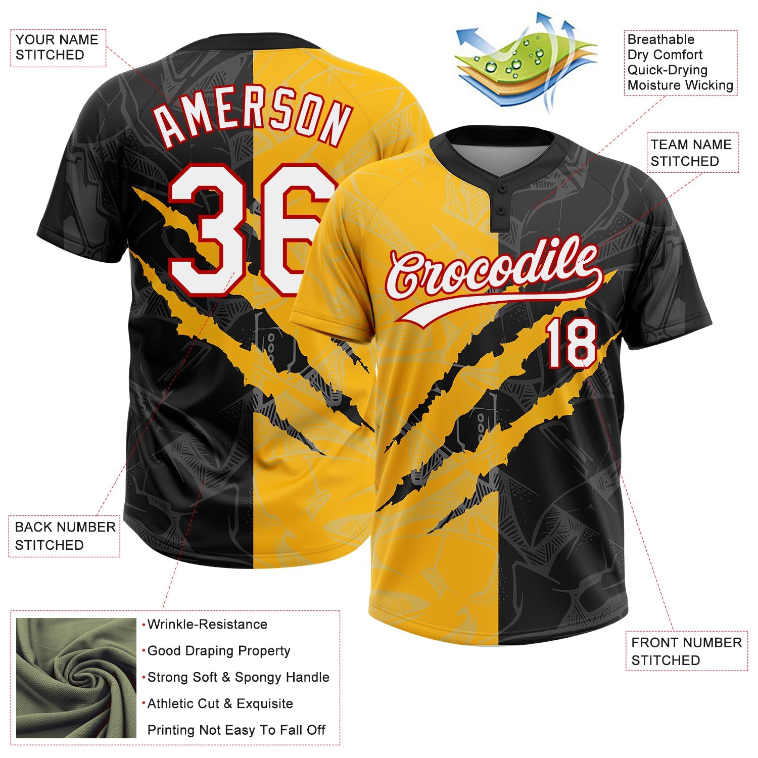 Custom Graffiti Pattern Black Gold-Red 3D Two-Button Unisex Softball Jersey view 3