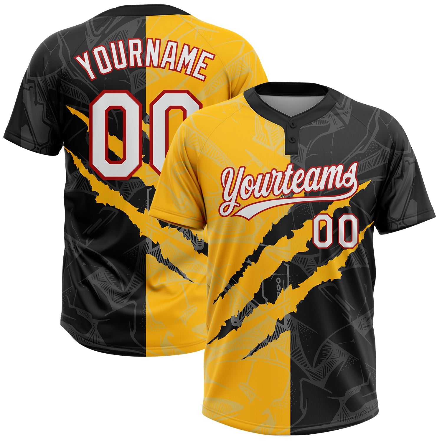 Custom Graffiti Pattern Black Gold-Red 3D Two-Button Unisex Softball Jersey - Main View