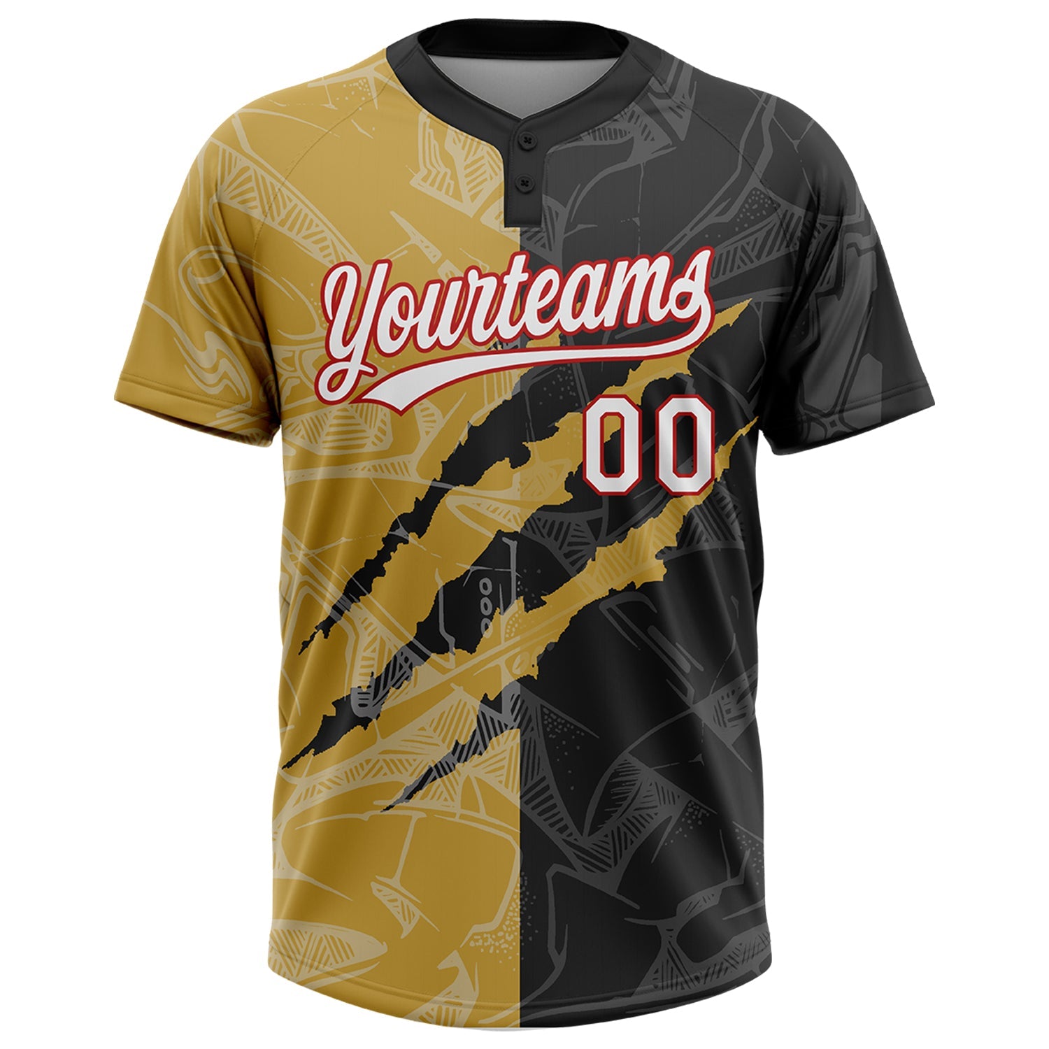 Custom Graffiti Pattern Black Old Gold-Red 3D Two-Button Unisex Softball Jersey view 2